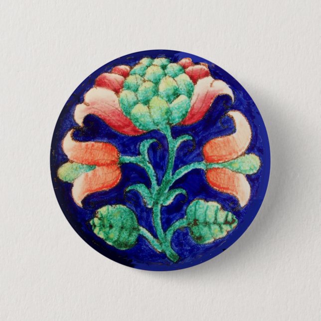 STYLIZED PINK FLOWER ,BLUE GREEN FLORAL PINBACK BUTTON (Front)