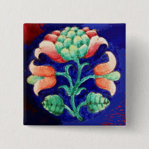 STYLIZED PINK FLOWER ,BLUE GREEN FLORAL PINBACK BUTTON