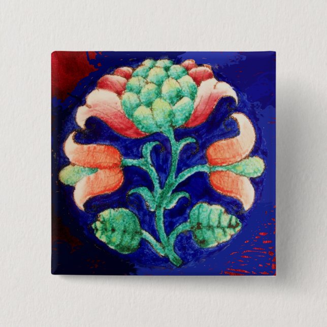 STYLIZED PINK FLOWER ,BLUE GREEN FLORAL PINBACK BUTTON (Front)