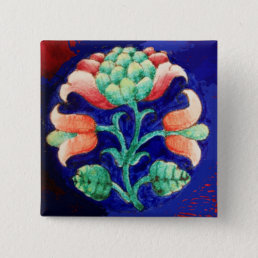 STYLIZED PINK FLOWER ,BLUE GREEN FLORAL PINBACK BUTTON