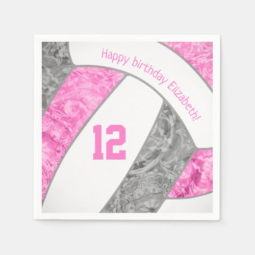 stylized pink gray girls volleyball sports napkins