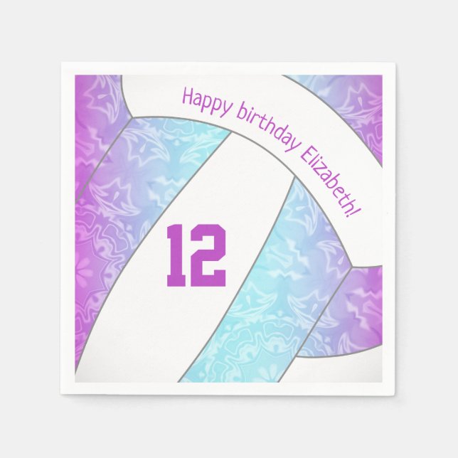 stylized pink purple blue girls volleyball sports napkins (Front)