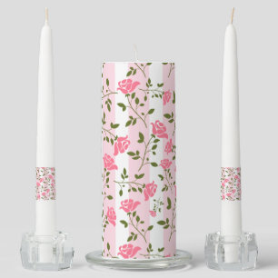 Stylized Pink Roses & Pink & White Stripes Unity Candle Set