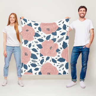 stylized pink roses with dark blue leaves fleece blanket