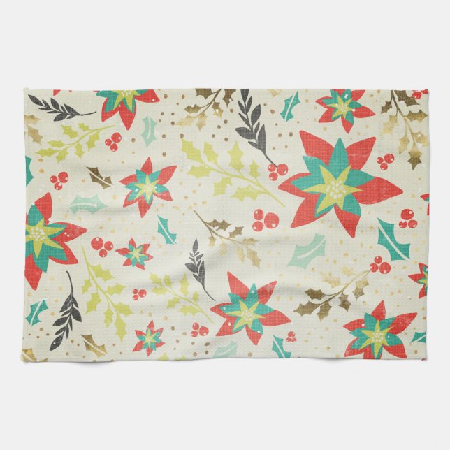 Stylized Poinsettia flowers with Leaves & Berries Towel (Horizontal)