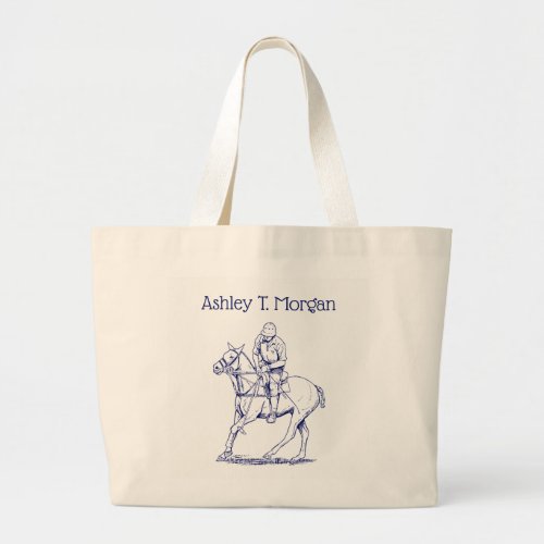 Stylized Polo Player on Horse Drawing 2 Blue Large Tote Bag
