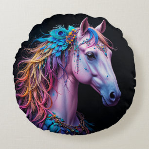 Stylized Portrait of a Horse With Flowing Mane Round Pillow