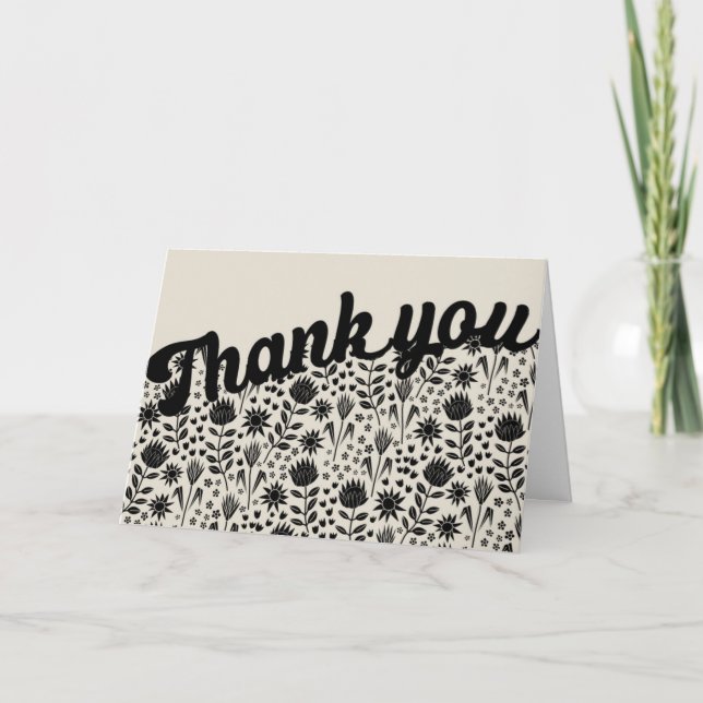 Stylized Protea Floral Block Print Millefleur Letterpress Thank You Card (Front)
