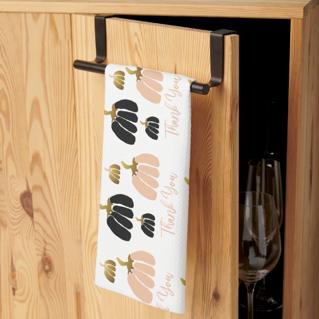 Stylized Pumpkins In Black, Blush White and Gold Kitchen Towel (Thirds Fold)