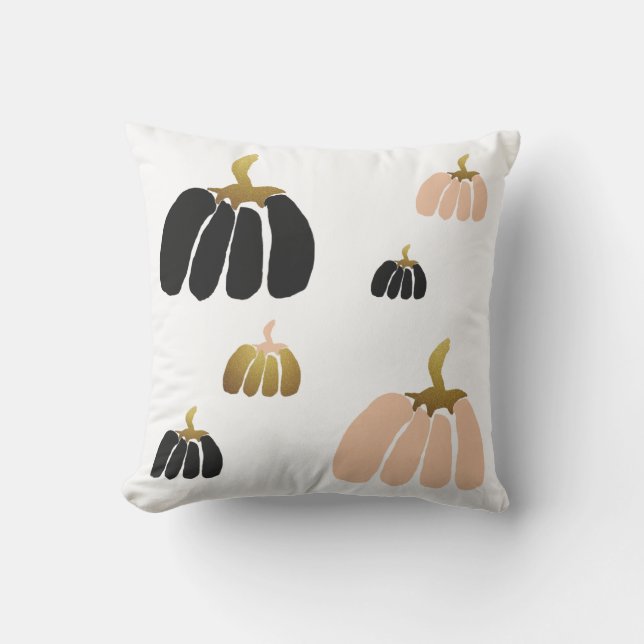 Stylized Pumpkins In Black, Blush, White and Gold Outdoor Pillow (Front)
