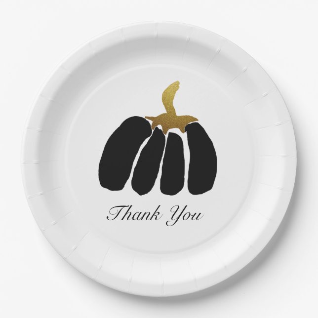Stylized Pumpkins In Black, White and Gold Paper Plates (Front)