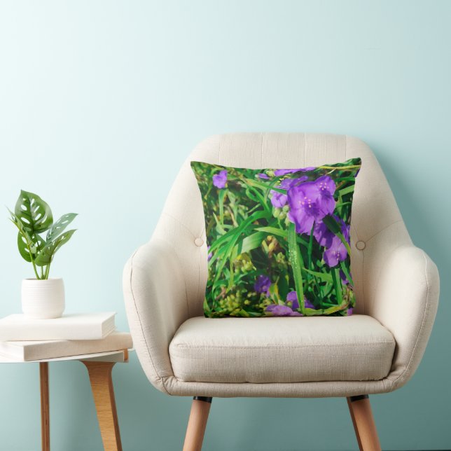 Stylized Purple Blue Flowers Floral Throw Pillow (Chair)