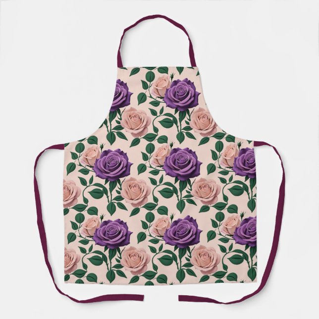 Stylized Purple Roses With Green Accents Apron (Front)