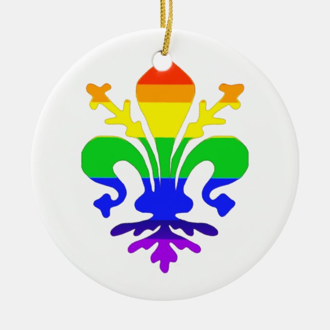 Stylized Rainbow Fleur de Lis Ceramic Ornament (Front)