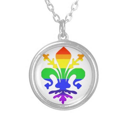Stylized Rainbow Fleur de Lis Silver Plated Necklace