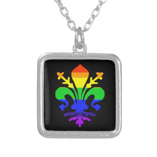 Stylized Rainbow Fleur de Lis Silver Plated Necklace