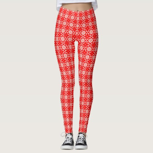 Stylized Red and White Floral Design Leggings
