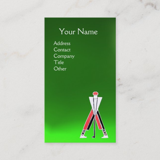STYLIZED RED GOLFER,GOLF INSTRUCTOR MONOGRAM Green Business Card (Front)