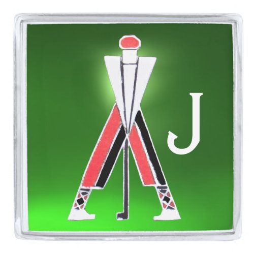 STYLIZED RED GOLFERGOLF PLAYER GREEN GEM MONOGRAM SILVER FINISH LAPEL PIN