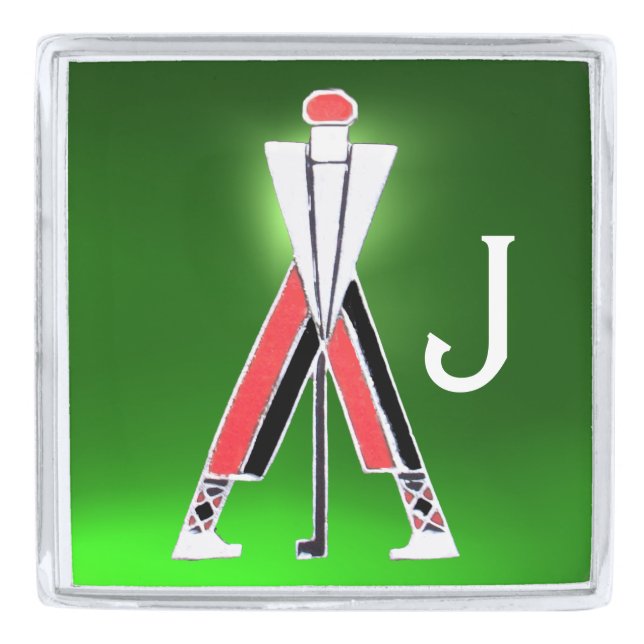 STYLIZED RED GOLFER,GOLF PLAYER GREEN GEM MONOGRAM SILVER FINISH LAPEL PIN (Front)