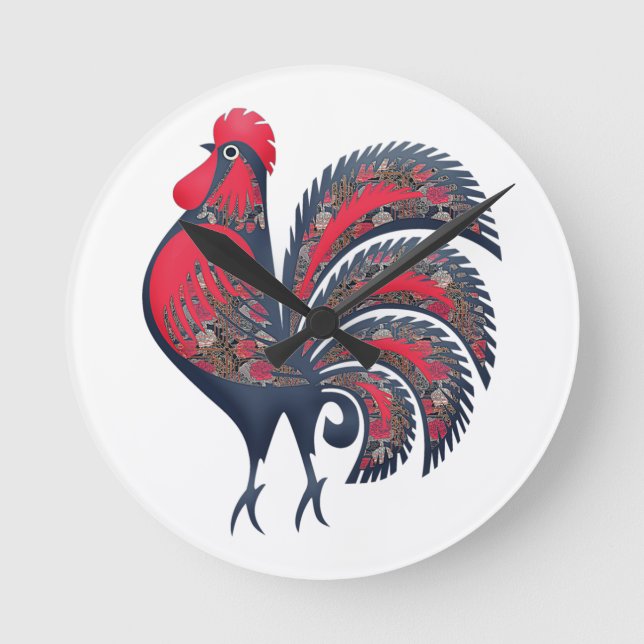 Stylized Red Rooster - farm animals.  Wood Wall Ar Round Clock (Front)