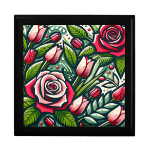 “Stylized Red Roses with Dewdrops" Keepsake Gift Box