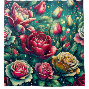 “Stylized Red Roses with Raindrops" Shower Curtain