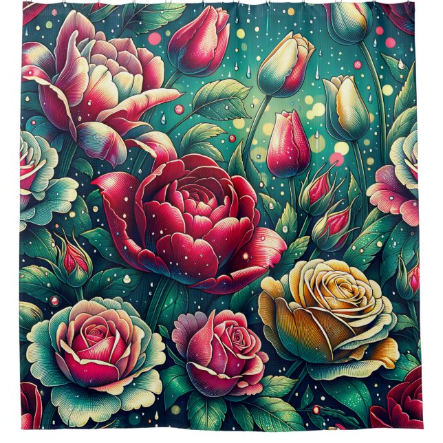 “Stylized Red Roses with Raindrops" Shower Curtain (Front)