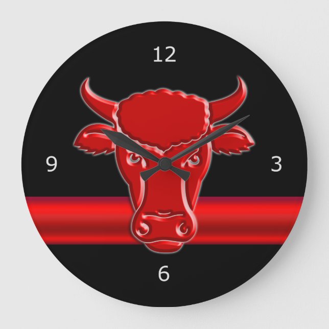 Stylized Red Taurus Head, red metallic-look stripe Large Clock (Front)