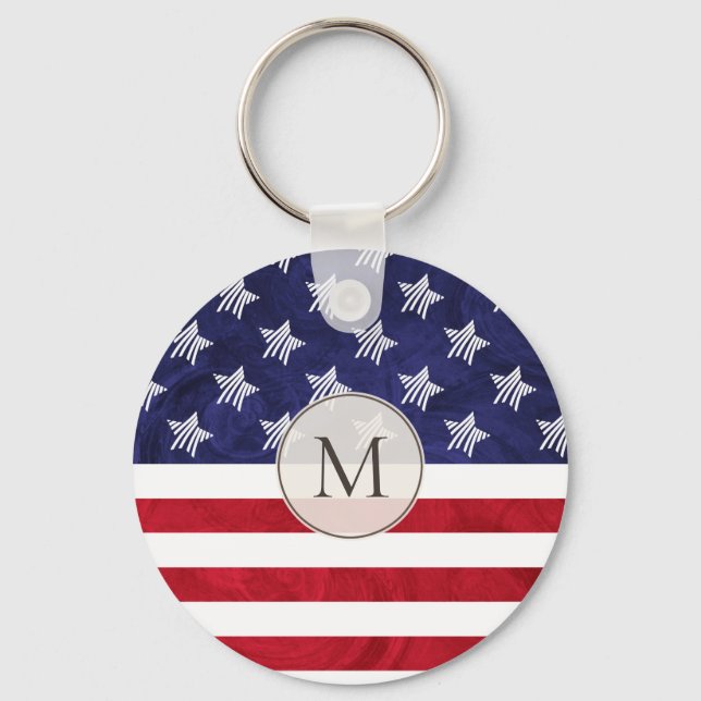 Stylized red white blue American flag monogrammed Keychain (Front)