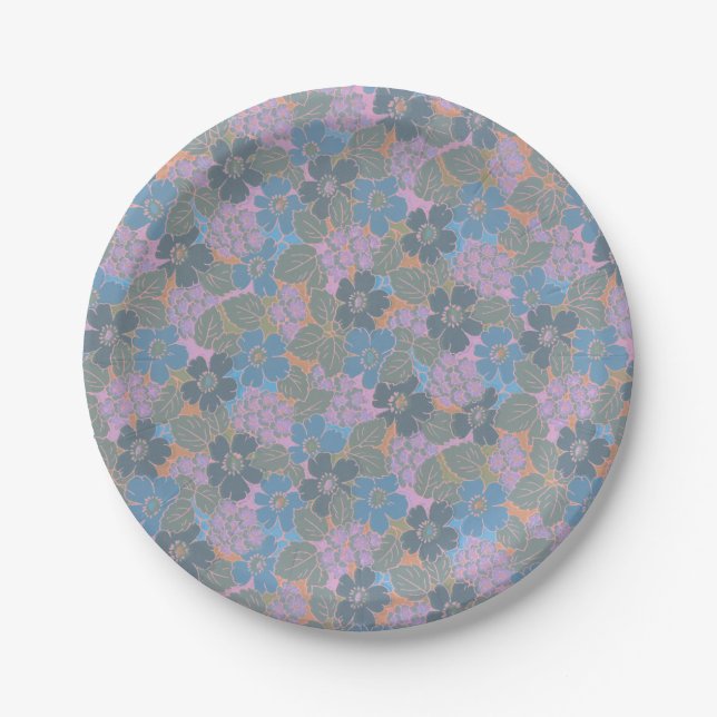 Stylized Retro Floral Pattern Paper Plates (Front)