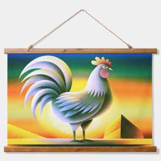 Stylized Rooster Against Vibrant Sunset Hanging Tapestry