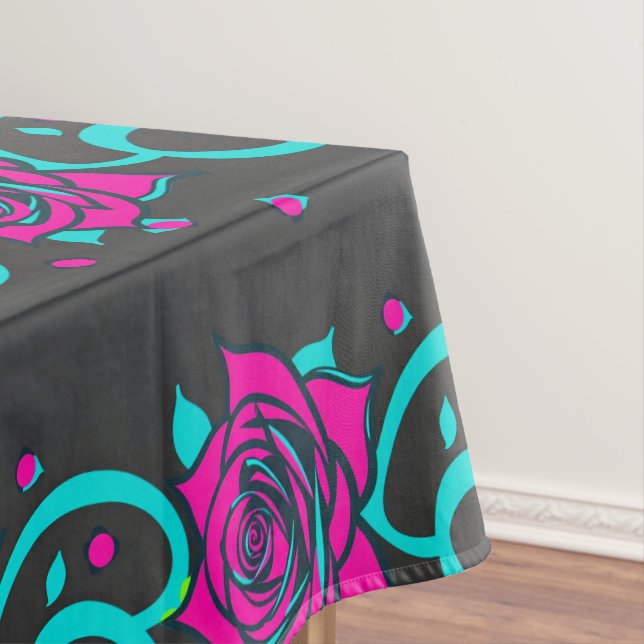 Stylized Roses In Bright Turquoise And Pink Tablecloth (In Situ)