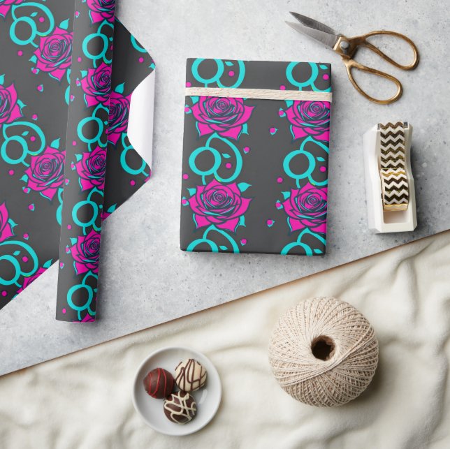 Stylized Roses In Bright Turquoise And Pink Wrapping Paper (Crafts)