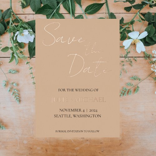 Stylized Script Beige Wedding Save the Date Foil Invitation