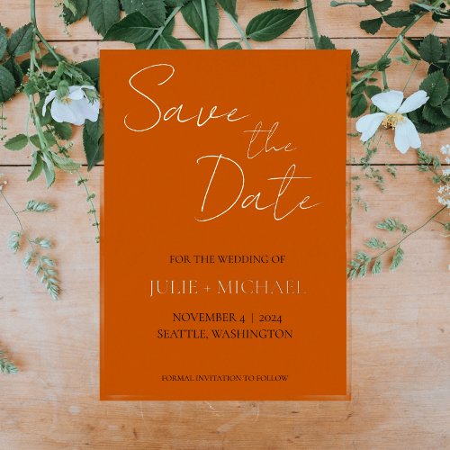 Stylized Script Burnt Orange Wedding Save the Date Foil Invitation