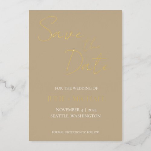 Stylized Script Khaki Wedding Save the Date Foil Invitation