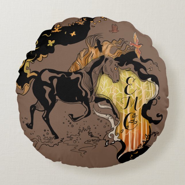 Stylized Silhouette Monogram Horse Round Pillow (Front)