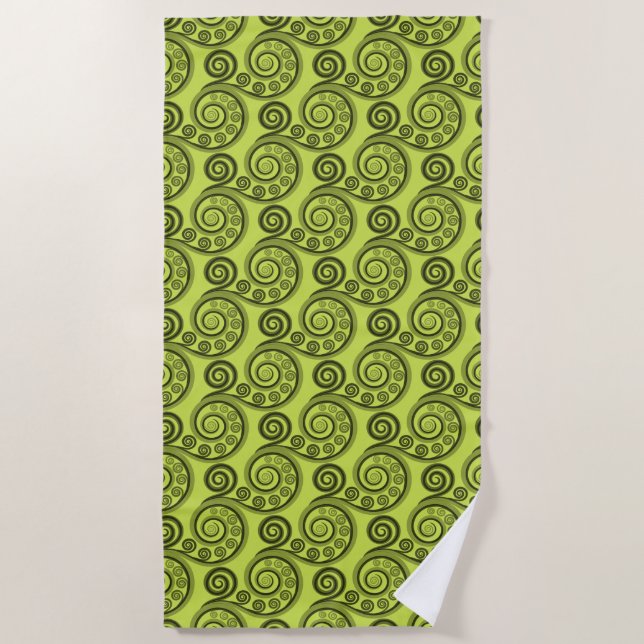 Stylized Spring Lime-Green Botanical Koru Curl Beach Towel (Front)