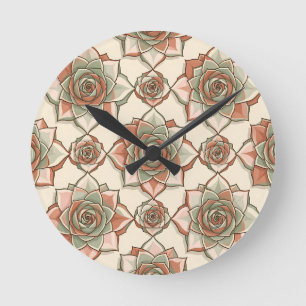 Stylized Succulent Rose Pattern Pink Sage Round Clock
