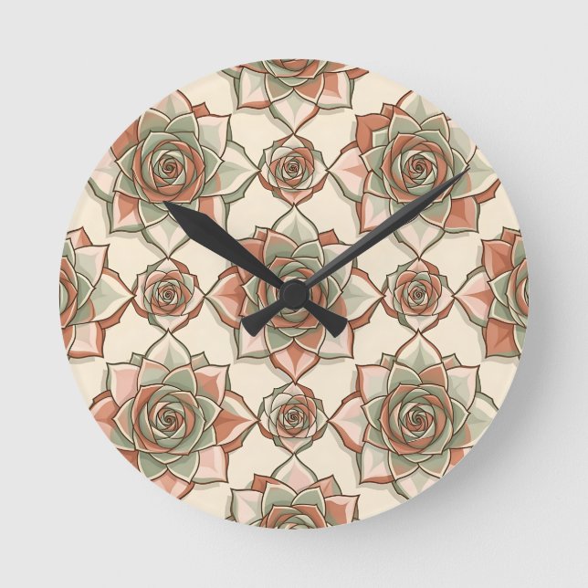 Stylized Succulent Rose Pattern Pink Sage Round Clock (Front)