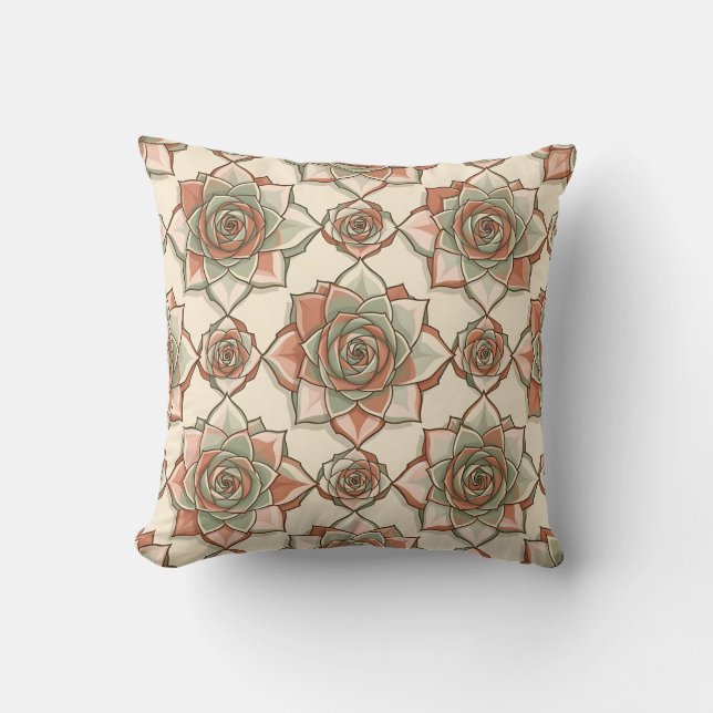 Stylized Succulent Rose Pattern Pink Sage Throw Pillow (Front)