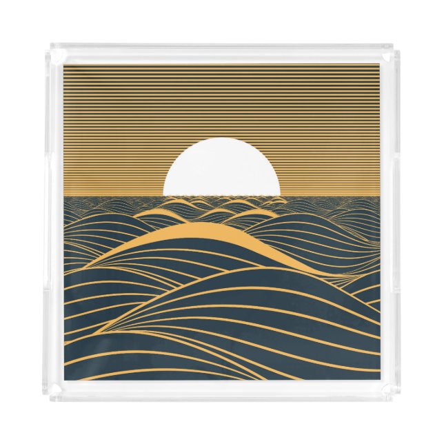 Stylized sun-moon, dark sea illustration. acrylic tray (Front)