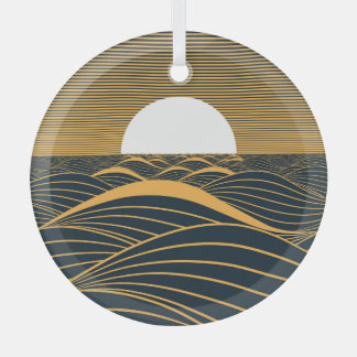 Stylized sun-moon, dark sea illustration. glass ornament