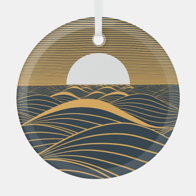 Stylized sun-moon, dark sea illustration. glass ornament (Front)