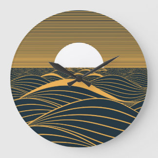 Stylized sun-moon, dark sea illustration. large clock