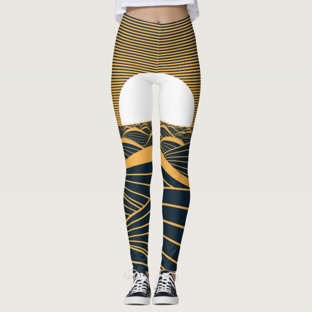 Stylized sun-moon, dark sea illustration. leggings (Front)