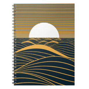 Stylized sun-moon, dark sea illustration. notebook
