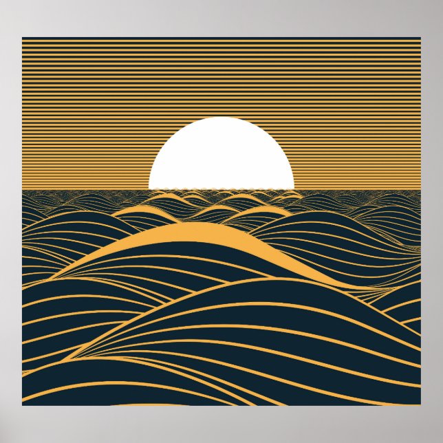 Stylized sun-moon, dark sea illustration. poster (Front)