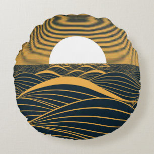 Stylized sun-moon, dark sea illustration. round pillow